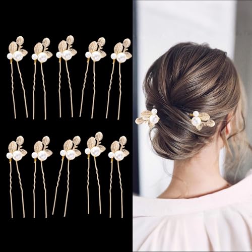 10 Stück Braut-Haarstecker-Set Gold – Blatt-Perlen-Braut-Haarstecker für Hochzeiten Elegante U-förmige Styling-Accessoires für Bräute und Brautjungfrauen 10 Stück Braut-Haarstecker-Set Gold – Blatt-Perlen-Braut-Haarstecker für Hochzeiten Elegante U-förmige Styling-Accessoires für Bräute und Brautjungfrauen von LadayPoa