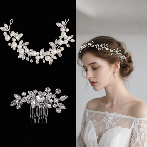 2 Stück Brautschmuck-Set mit Perlen- Kopfband und Kristall-Rhinestone Haarspange – handgefertigte Hochzeits-Haaraccessoires für Bräute und Brautjungfrauen von LadayPoa