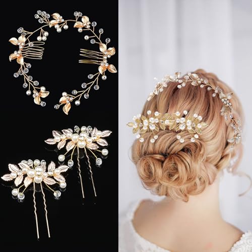 3 Stück Brautschmuckaccessoires Perlen-Rhinestone-Blatt-Kopfband Kristall-Blatt-Haarspangen handgefertigte Hochzeits-Haaraccessoires für Bräute Brautjungfrauen 3 Stück Brautschmuckaccessoires Perlen-Rhinestone-Blatt-Kopfband Kristall-Blatt-Haarspangen handgefertigte Hochzeits-Haaraccessoires für Bräute Brautjungfrauen von LadayPoa