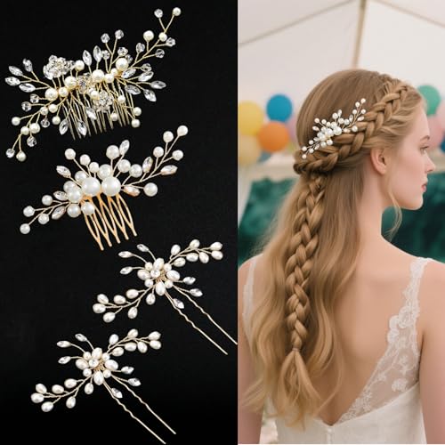 4 Stück Braut-Haarkamm mit Kristallperlen und Strass-Haarnadeln, seitlicher Haarkamm für die Braut, Hochzeits-Haarschmuck für Frauen, Brautjungfern 4 Stück Braut-Haarkamm mit Kristallperlen und Strass-Haarnadeln, seitlicher Haarkamm für die Braut, Hochzeits-Haarschmuck für Frauen, Brautjungfern von LadayPoa