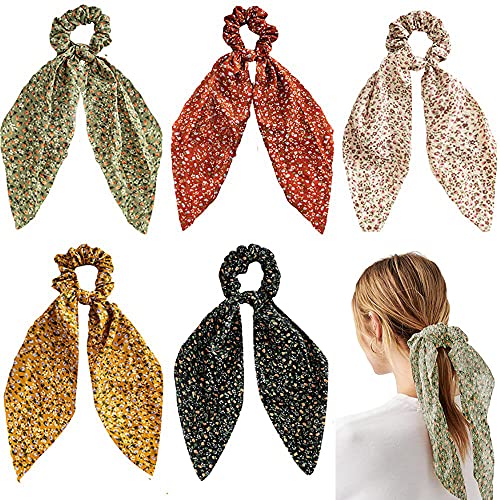 Modische Haargummis mit Schleife im Blumenmuster, Scrunchies aus Chiffon, lange Haarbänder, 2-in-1-Haargummis, für Pferdeschwanz, Haarschmuck für Damen, Mädchen von LadayPoa