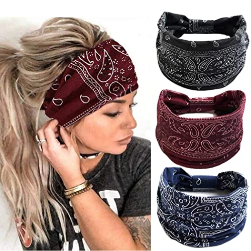 Stirnbänder Damen Frauen Breites Haarband Boho Blumendruck Knot Elastische Lauf Yoga Kopfwickel Haarbänder (3 Farbe) von LadayPoa