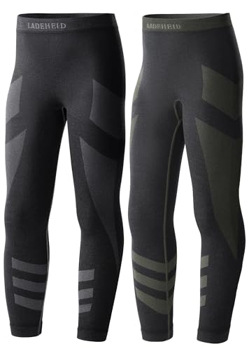 Ladeheid 2er Pack Thermounterwäsche Kinder Funktionsunterwäsche Thermoaktive Lange Unterhose Skiunterwäsche LAGI008 (2er Pack Graphite/Khaki, 146-152) von Ladeheid