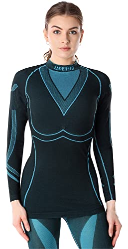 Ladeheid Thermounterwäsche Damen Funktionsunterwäsche Langarm Shirt Thermoaktiv LAGI004 (Schwarz/Turquoise, M) von Ladeheid