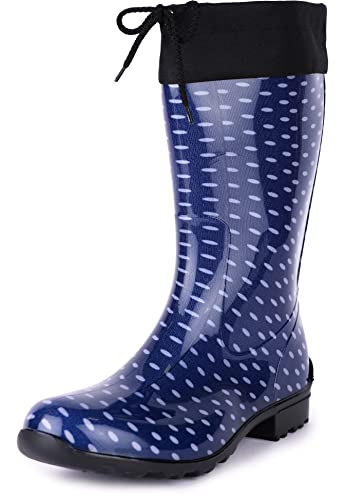 Ladeheid Gummistiefel Damen mit Stulpe Wasserdicht Regenstiefel für Jede Jahreszeit LA-968 (Dunkelblau/Punkte, 36 EU) von Ladeheid