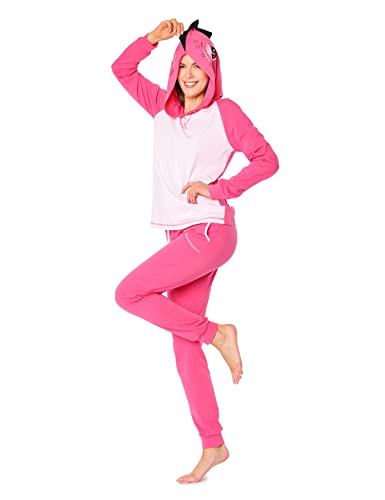 Ladeheid Damen Schlafanzug Zweiteiler Langarm Tierkostüm bunt Tiermotiv Verkleidung mit Kapuze LA40-238 (Dunkelrosa Dino, XXL) von Ladeheid