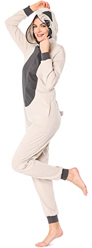 Ladeheid Damen Schlafoverall Tierkostüm aus Baumwolle Jumpsuit bunt Tiermotiv Verkleidung Schlafanzug Einteiler mit Kapuze LA40-234 (Beige Mops, M) von Ladeheid