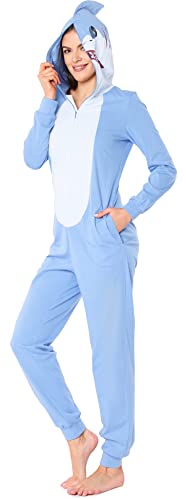 Ladeheid Damen Schlafoverall Tierkostüm aus Baumwolle Jumpsuit bunt Tiermotiv Verkleidung Schlafanzug Einteiler mit Kapuze LA40-234 (Blau Hai, L) von Ladeheid