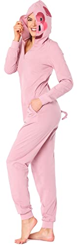Ladeheid Damen Schlafoverall Tierkostüm aus Baumwolle Jumpsuit bunt Tiermotiv Verkleidung Schlafanzug Einteiler mit Kapuze LA40-234 (Rosa Schweinchen, M) von Ladeheid