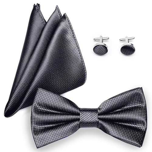 Ladeheid Fliege mit Einstecktuch Set Herren inkl. Manschettenknöpfe SETBHC (12cm x 6cm, Schwarz) von Ladeheid