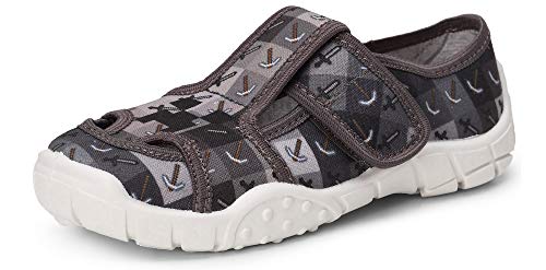 Ladeheid Hausschuhe Kinder Junge, Kinderhausschuhe mit Klettverschluss, Bequeme und Stabile Kindergarten Hausschuhe, Ideal auch für Schule, Spazierengehen und Zuhause LARW005 (Grau Schwert, 26 EU) von Ladeheid