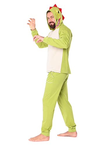Ladeheid Herren Schlafanzug Zweiteiler aus Baumwolle Langarm Tier Kostüm Tiermotiv Verkleidung mit Kapuze LA40-239 (Grün Dino, XXL) von Ladeheid