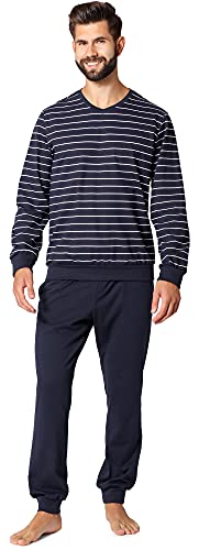 Ladeheid Herren Schlafanzug Zweiteiler Langarm Pyjama lang bunt aus Baumwolle LA40-220 (Marineblau Weiß, L) von Ladeheid