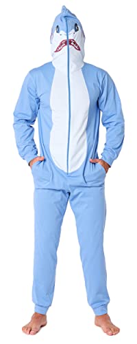 Ladeheid Herren Schlafoverall Tierkostüm aus Baumwolle Jumpsuit bunt Tiermotiv Verkleidung Schlafanzug Einteiler mit Kapuze LA40-235 (Blau Hai, S) von Ladeheid