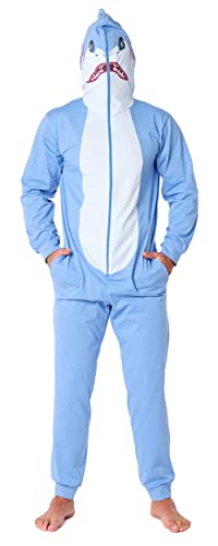 Ladeheid Herren Schlafoverall Tierkostüm aus Baumwolle Jumpsuit bunt Tiermotiv Verkleidung Schlafanzug Einteiler mit Kapuze LA40-235 (Blau Hai, XL) von Ladeheid