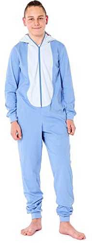 Ladeheid Jungen Teenager Schlafoverall aus Baumwolle Tierkostüm Jumpsuit bunt Tiermotiv Verkleidung Schlafanzug Einteiler mit Kapuze LA40-240 (Blau Hai, 170) von Ladeheid