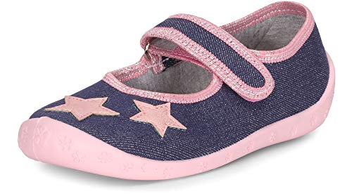 Ladeheid Hausschuhe Kinder Mädchen mit Klettverschluss, Atmungsaktive Kinderhausschuhe für Schule, Kindergarten und Zuhause LARW007 (Jeans Rosa Sterne, 26 EU) von Ladeheid