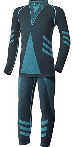 Ladeheid Skiunterwäsche Kinder Funktionsunterwäsche Set Langarm Shirt Lange Unterhose Thermoaktiv LAGI009 (Schwarz/Turquoise, 122-128) von Ladeheid