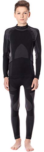 Ladeheid Kinder Mädchen Jungen Funktionsunterwäsche Set Langarm Shirt Lange Unterhose Thermoaktiv LASS0006 (Schwarz/Silber, 134-140) von Ladeheid