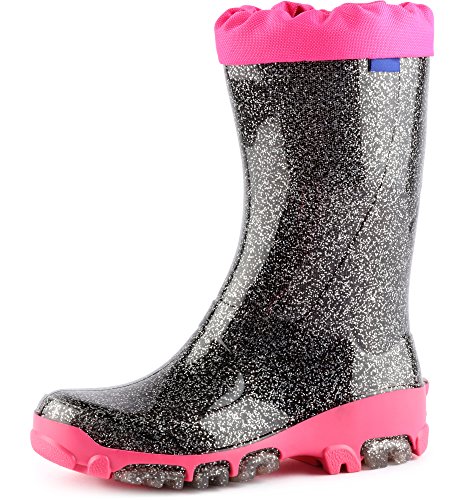 Ladeheid Gummistiefel Kinder bequeme und wasserdichte Regenschuhe für Jungen und Mädchen LARB015 (Schwarz Brokat 2, 25 26 EU) von Ladeheid