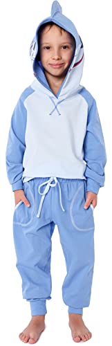 Ladeheid Kinder Mädchen Jungen Langarm Schlafanzug aus Baumwolle Tierkostüm Pyjama bunt mit Tiermotiv Verkleidung mit Kapuze LA40-236 (Blau Hai, 146-152) von Ladeheid