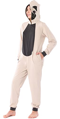 Ladeheid Mädchen Teenager Schlafoverall aus Baumwolle Tierkostüm Jumpsuit bunt Tiermotiv Verkleidung mit Kapuze LA40-233 (Beige Mops, 158) von Ladeheid