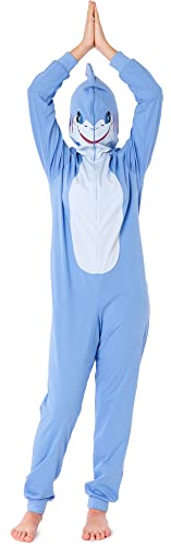 Ladeheid Mädchen Teenager Schlafoverall aus Baumwolle Tierkostüm Jumpsuit bunt Tiermotiv Verkleidung mit Kapuze LA40-233 (Blau Hai, 164) von Ladeheid