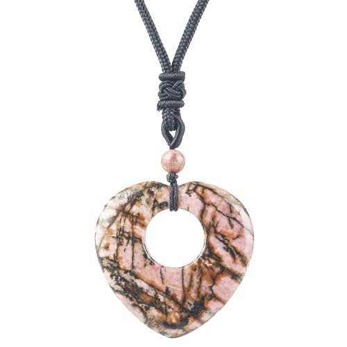 Ladeukoi Natürliche Edelstein Herz-geformte Donut Halskette für Frauen Männer, handgemachte Heilung Glück Stein Kette Anhänger Halsketten justierbar 18"-29", Rhodonite von Ladeukoi