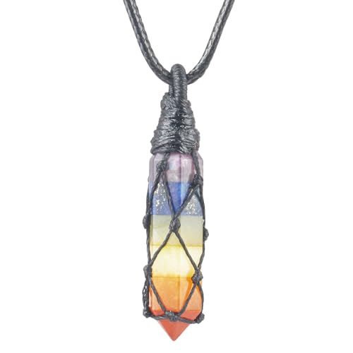 Ladeukoi Natürliche Heilung Hexagonal Kristall Punkt Anhänger Halskette für Frauen Männer, geflochtene Seil Pendel justierbare Kette Chakra Reiki 18-28 Zoll, 7 Chkara Stein von Ladeukoi