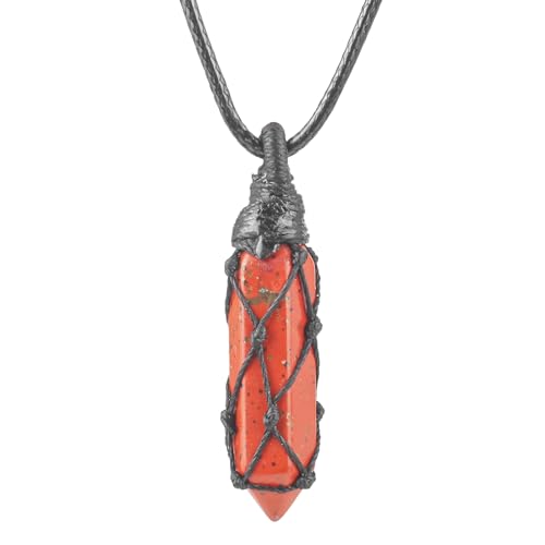 Ladeukoi Natürliche Heilung Hexagonal Kristall Punkt Anhänger Halskette für Frauen Männer, geflochtene Seil Pendel justierbare Kette Chakra Reiki 18-28 Zoll, Roter Jaspis von Ladeukoi