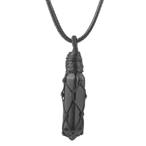 Ladeukoi Natürliche Heilung Hexagonal Kristall Punkt Anhänger Halskette für Frauen Männer, geflochtene Seil Pendel justierbare Kette Chakra Reiki 18-28 Zoll, Schwarzes Obsidian von Ladeukoi