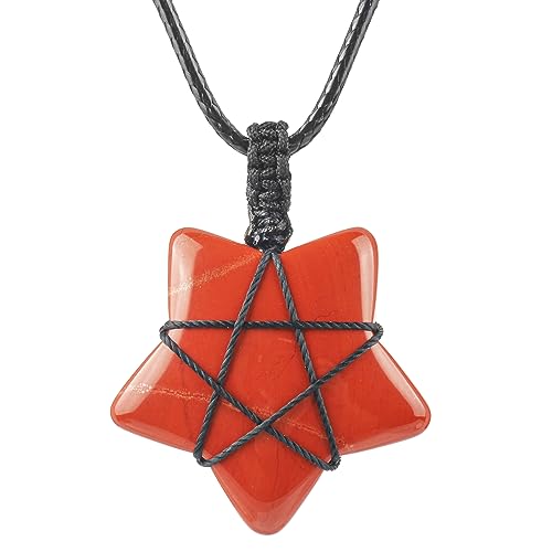 Ladeukoi Naturstein Roter Jaspis Fünf Sterne Anhänger Halskette für Frauen Männer, handgemachte Kristallpunkt Heilung Chaka Reiki Amulett einstellbar 17-30 Zoll von Ladeukoi
