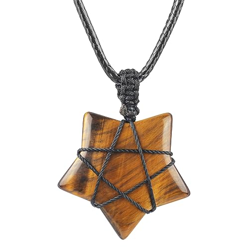 Ladeukoi Naturstein Tigerauge Fünf Sterne Anhänger Halskette für Frauen Männer, handgemachte Kristallpunkt Heilung Chaka Reiki Amulett einstellbar 17-30 Zoll von Ladeukoi