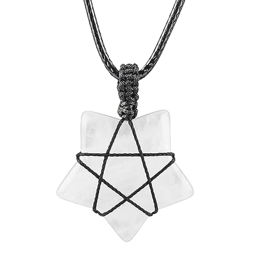 Ladeukoi Naturstein Weißer Quarz Fünf Sterne Anhänger Halskette für Frauen Männer, handgemachte Kristallpunkt Heilung Chaka Reiki Amulett einstellbar 17-30 Zoll von Ladeukoi