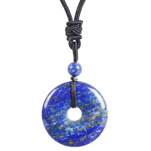 Ladeukoi natürliche Lapis Lazuli runde Stein Donut Halskette für Frauen Männer, handgemachte Heilung Kristall Glück Anhänger Halsketten justierbare 18-29 Zoll von Ladeukoi