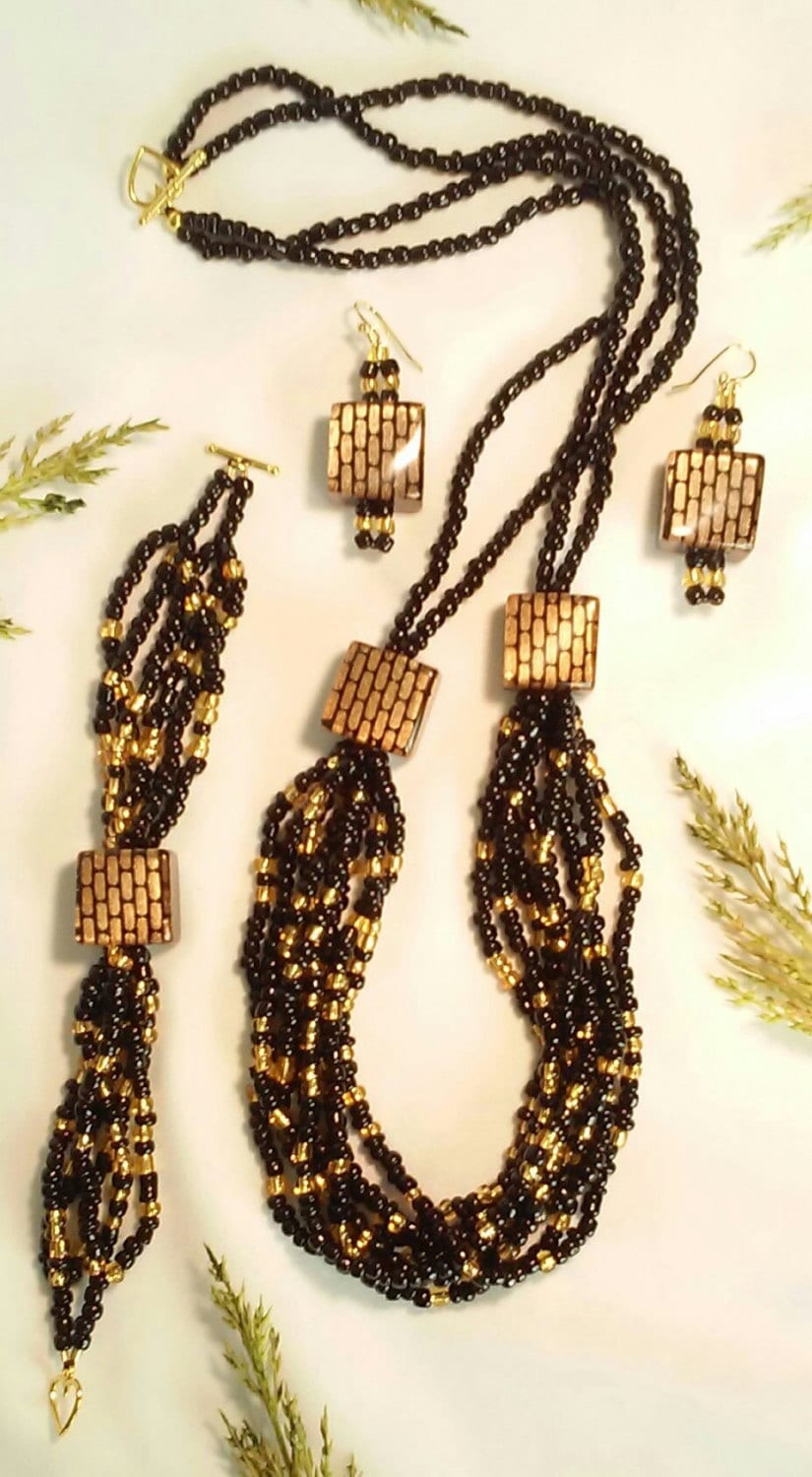 Schmuck-Set/Halskette Set Schwarz Gold Schönheit W/Passenden Armband Und Ohrringe Perlen Geschenkset Nickelfrei Schmuck-Set/Halskette Set Schwarz Gold Schönheit W/Passenden Armband Und Ohrringe Perlen Geschenkset Nickelfrei von LadiDiJewelry
