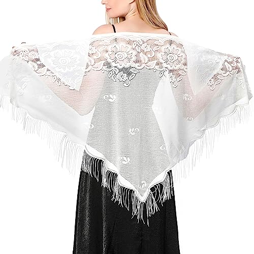 Ladiery Dreieck Spitze Stola Festlich für Abendkleider mit Quasten für Abend Party Mesh Hochzeit Schals von Ladiery