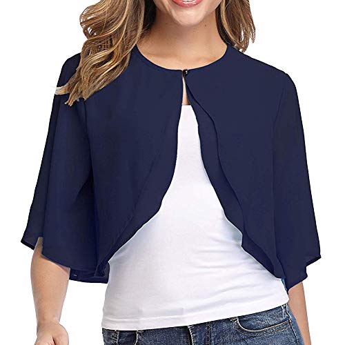 Ladiery Frauen Achselzucken Chiffon Kurzarm Front öffnen Bolero Strickjacke Oberbekleidung Abend Hochzeit Tops(Navy Blau,L) von Ladiery