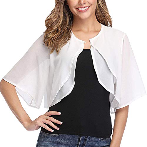 Ladiery Frauen Achselzucken Chiffon Kurzarm Front öffnen Bolero Strickjacke Oberbekleidung Schal Abend Hochzeit Kap Hemd Tops(Weiß,S) von Ladiery