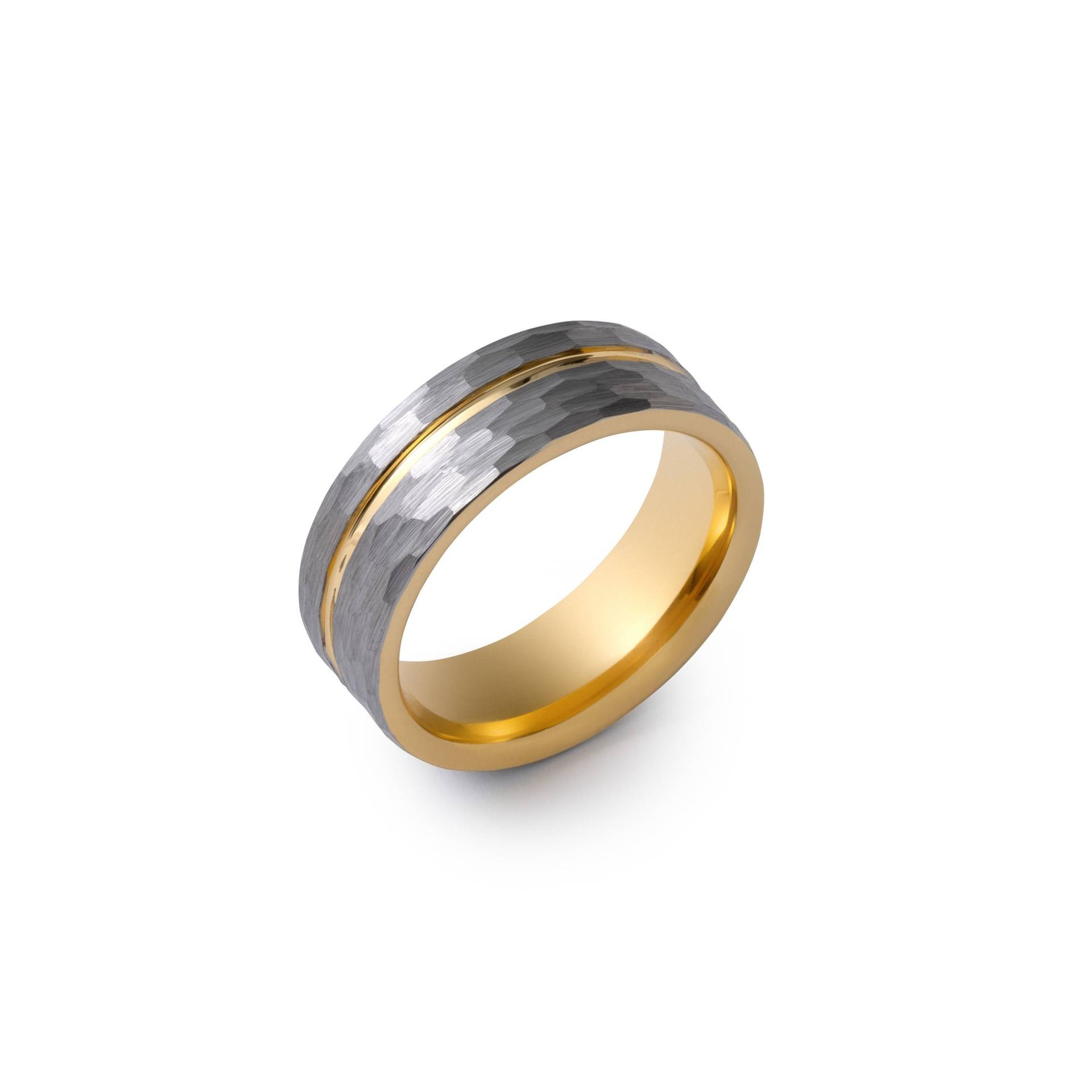 Silber Gehämmerter Gold Wolfram Karbid Unisex Ehering in 8mm, Inlay von LadiesAndGentsBands