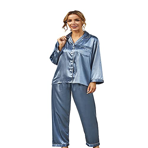 Damen Pyjama Set, Langarm/Kurzarm Nachtwsche aus Satin-Seide Einfarbig Pyjama Set Schlafanzug f¡§1r Damen mit Knopfleiste Nachtw?sche Loungewear 2-teilige Sets von Ladieshow