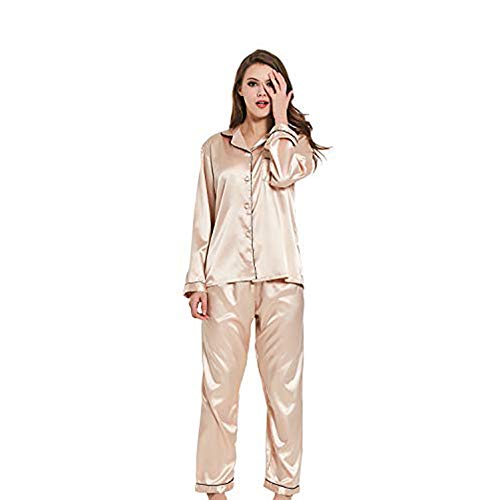 Damen Pyjama Set, Nachtw?sche Schlafanzug Satin Seide Langen ?rmeln Einfarbig Ganze Jahr ¨¹ber (Champagne Gold, S) von Ladieshow