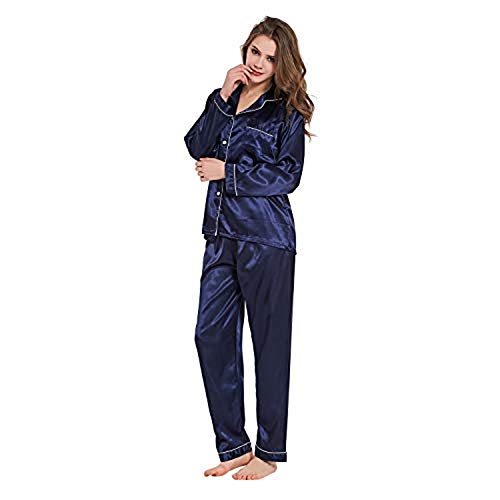 Damen Pyjama Set, Nachtw?sche Schlafanzug Satin Seide Langen ?rmeln Einfarbig Ganze Jahr ¨¹ber (Navy blau, S) von Ladieshow