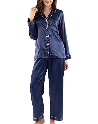 Ladieshow Damen Pyjama Set, Langarm Nachtwsche aus Satin-Seide Einfarbig Pyjama Set Schlafanzug,Damen mit Knopfleiste Nachtwsche Loungewear,S-XXL von Ladieshow