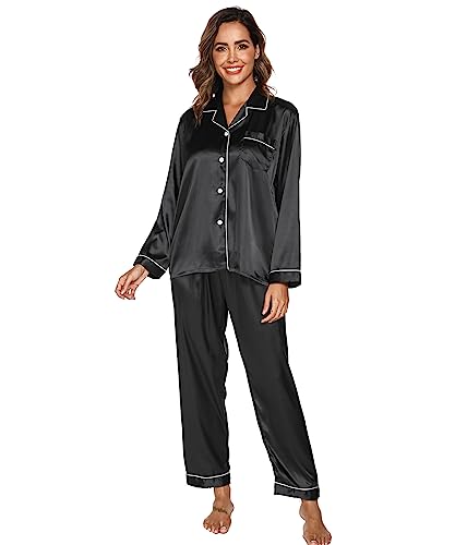 Ladieshow Damen Pyjama Set, Langarm/Kurzarm Nachtwsche aus Satin-Seide Einfarbig Pyjama Set Schlafanzug f¡§1r Damen mit Knopfleiste Nachtw?sche Loungewear 2-teilige Sets von Ladieshow