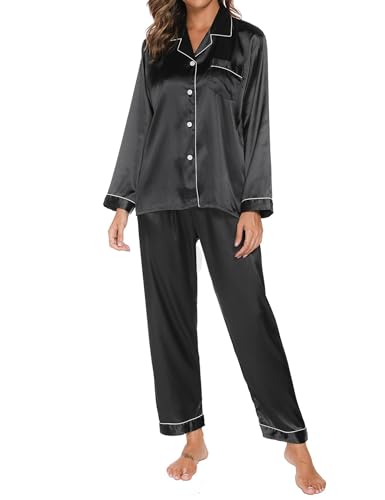 Ladieshow Damen Pyjama Set, Langarm Nachtwsche aus Satin-Seide Einfarbig Pyjama Set Schlafanzug,Damen mit Knopfleiste Nachtwsche Loungewear,S-XXL von Ladieshow