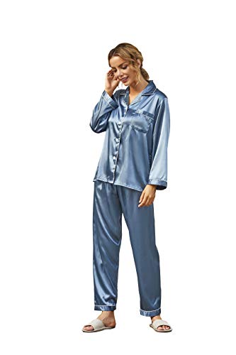 Damen Satin Pyjama, Schlafanzug Damen Lang Schlafanzug Elegant Pyjamas Satin mit Knopfleiste Schlafanzug Lange Ärmel Sleepwear Zweiteiliger PJ Set, Nachtwäsche Hausanzug, Graublau, XL von Ladieshow