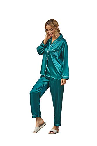 Ladieshow Satin Damen Schlafanzug，Pyjamas Satin mit Knopfleiste Schlafanzug Lange Ärmel Sleepwear Zweiteiliger PJ Set Nachtwäsche Hausanzug grün, M von Ladieshow