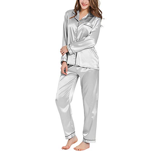 Ladieshow Damen Pyjamas Satin Schlafanzug Lange Ärmel Sleepwear Zweiteiliger PJ Set von Ladieshow