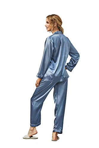 Damen Satin Pyjama, Schlafanzug Damen Lang Schlafanzug Damen Satin Elegant Pyjamas Satin mit Knopfleiste Schlafanzug Lange Ärmel Sleepwear Zweiteiliger PJ Set, Nachtwäsche Hausanzug, Graublau, S von Ladieshow